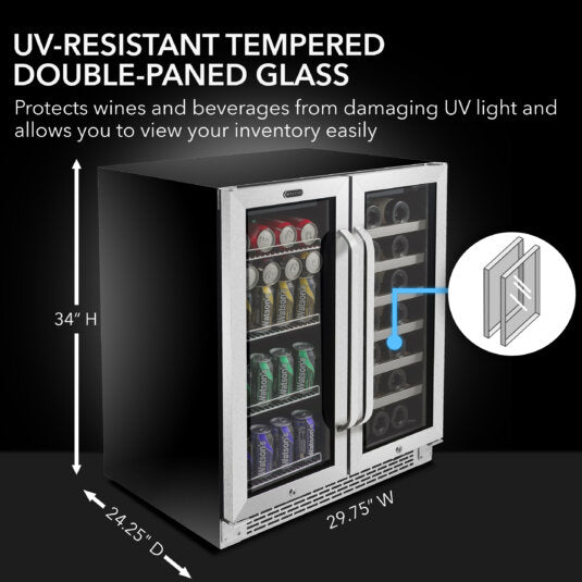 Whynter In French Door Dual Zone 33 Bottle Wine Refrigerator 88 Can Beverage Center - BWB-3388FDS
