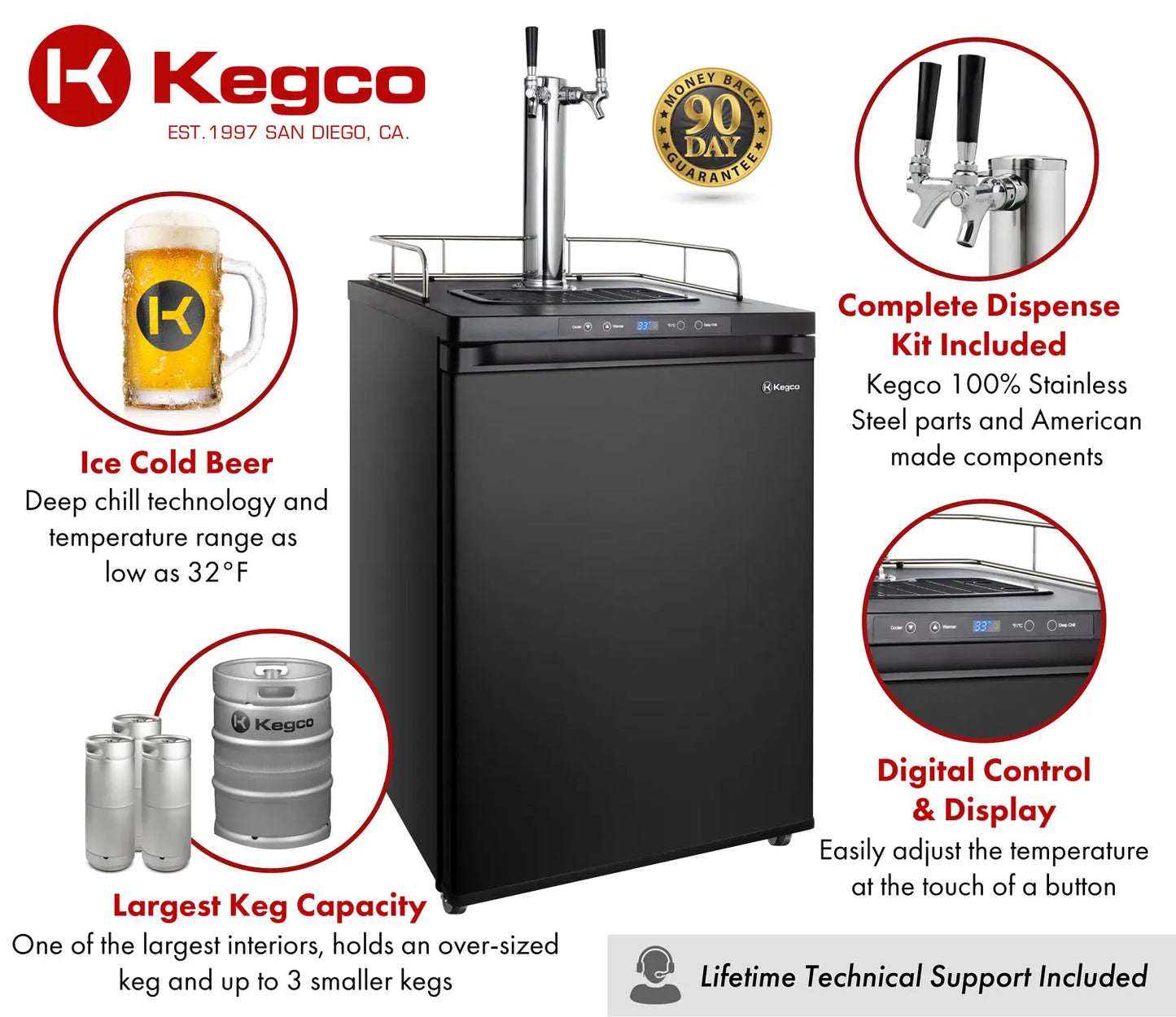 Kegco 24" Wide Dual Tap Black Digital Kegerator - K309B-2NK