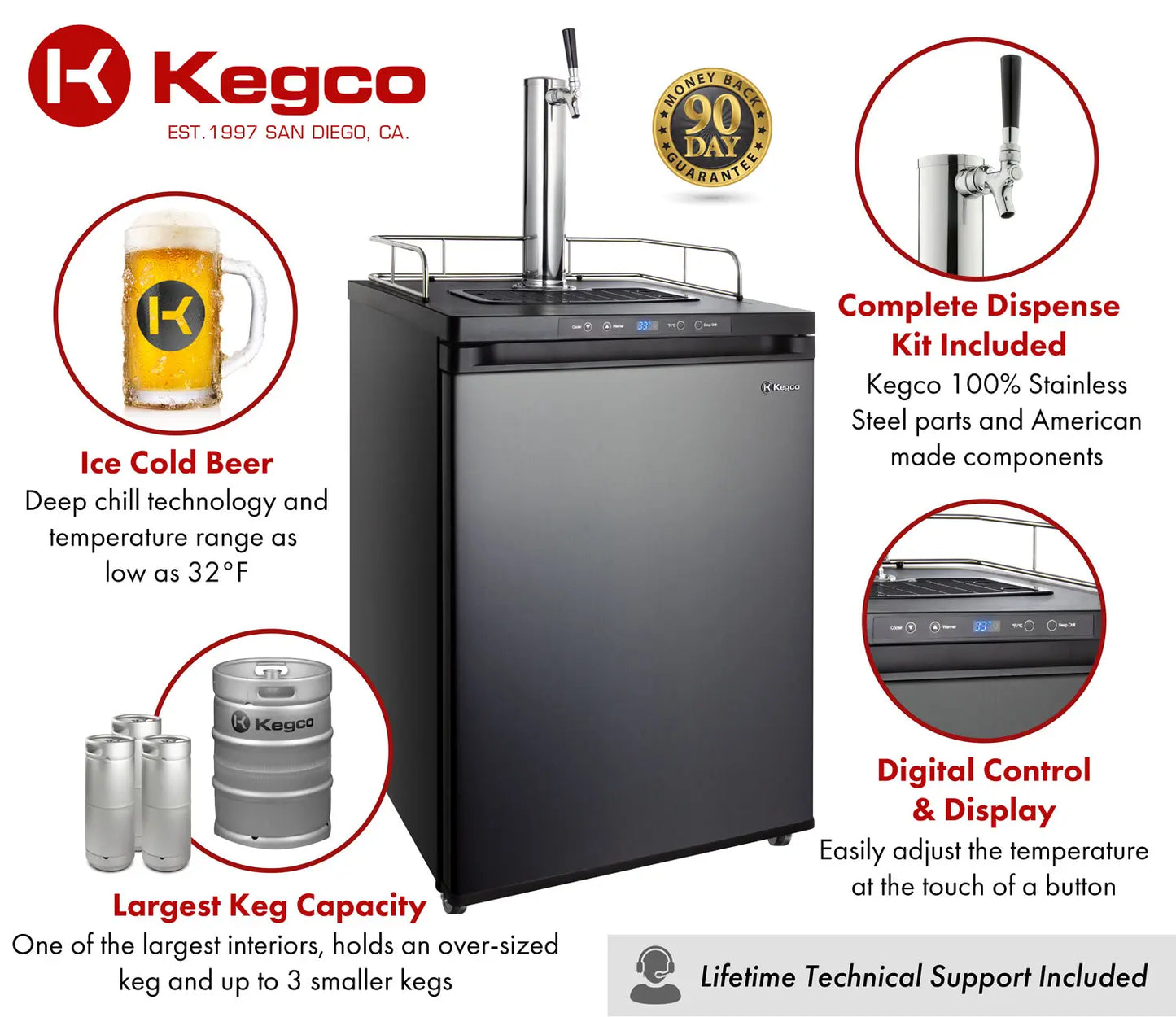 Kegco 24" Wide Single Tap Black Stainless Steel Digital Kegerator - K309X-1NK
